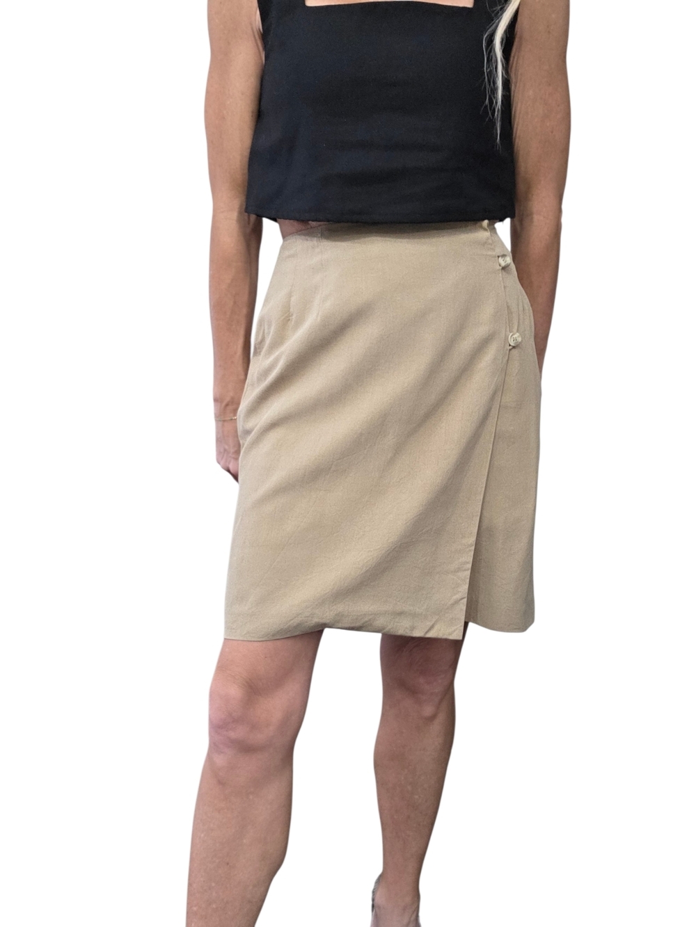 Visee Tan Wrap Mini Skirt Button Detail Lined Minimalist Size M